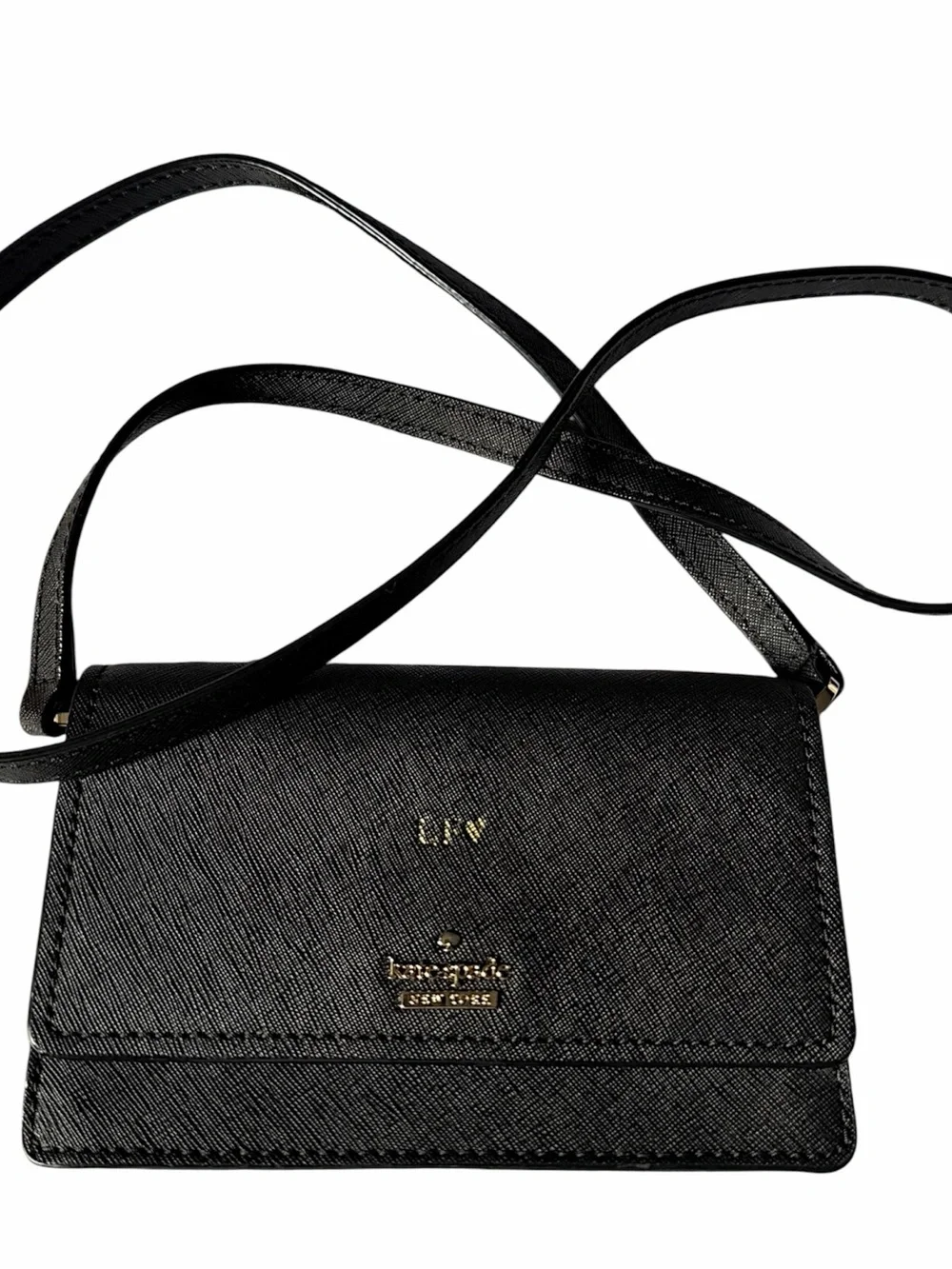 kate spade Black Saffiano Crossbody Wallet with Gold Logo